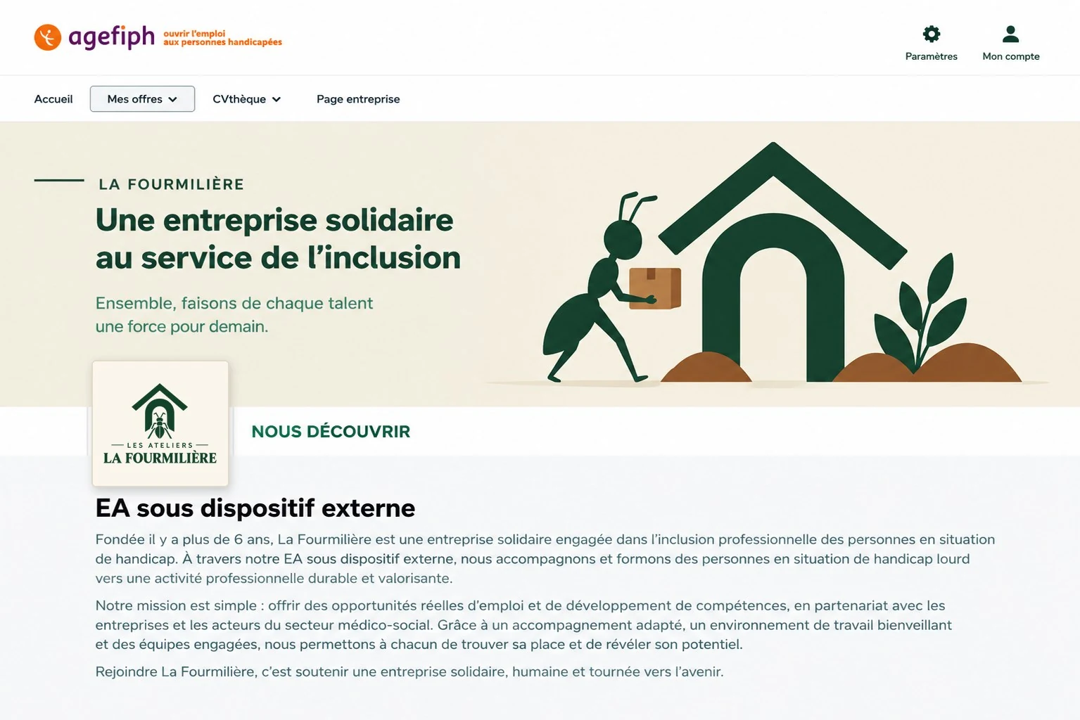 Page entreprise AGEFIPH de La Fourmilière — Une entreprise solidaire au service de l’inclusion